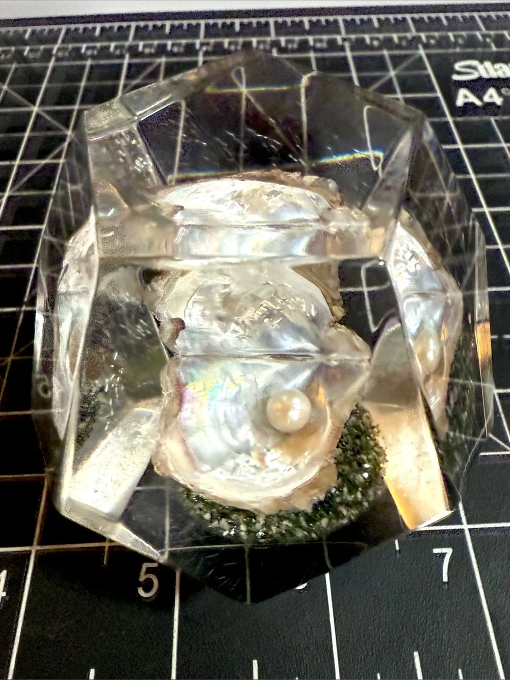 Vintage Lucite Paperweight With Pearl in Oyster Shell